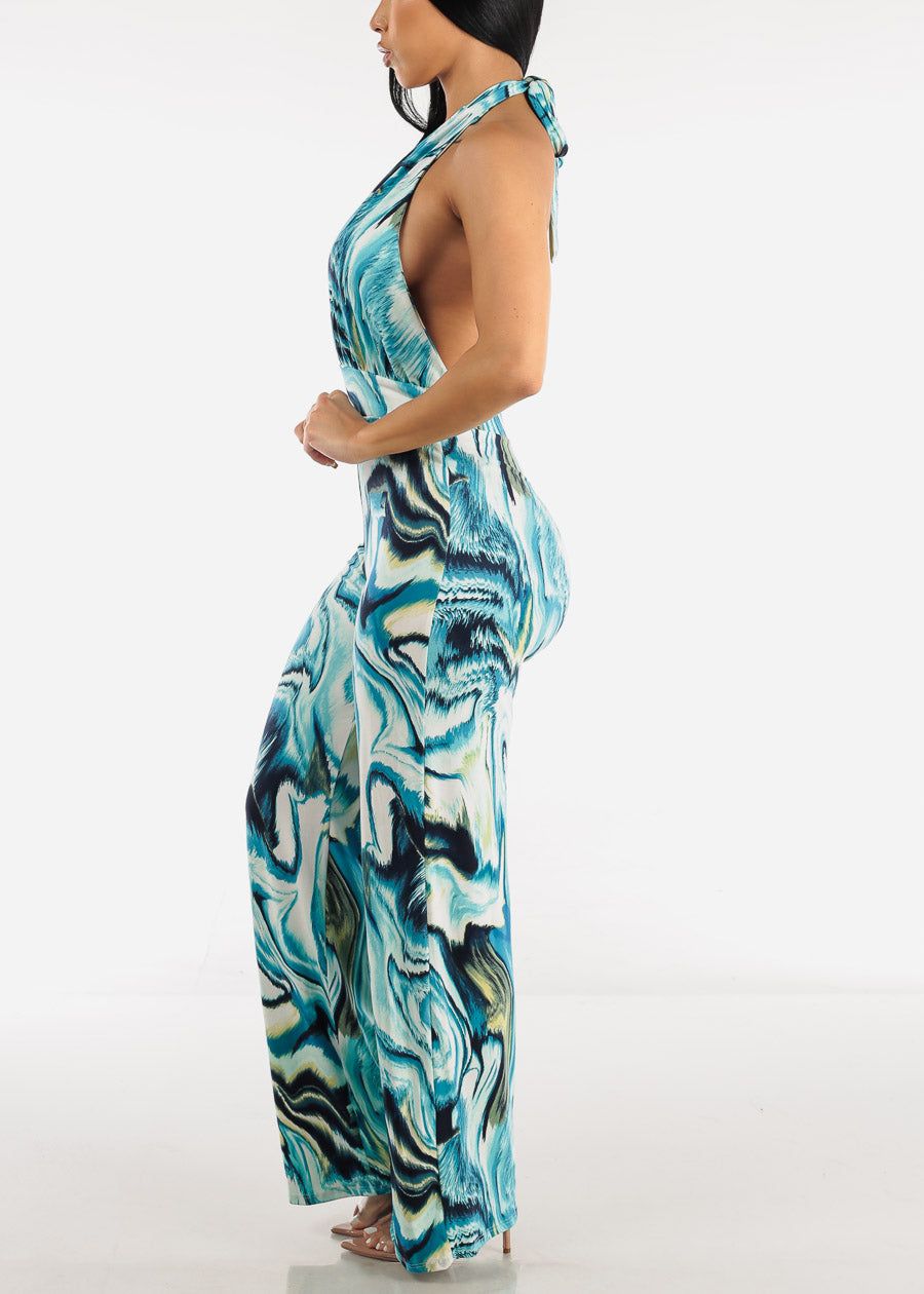 Plunge Neckline Halter Blue Tie Dye Jumpsuit sold by Moda product image thumbnail 3