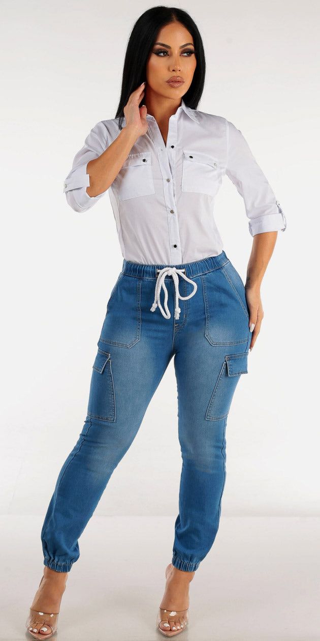 Drawstring Waist Med Wash Denim Cargo Joggers with White Quarter Sleeve Button Up Shirt sold by Moda
