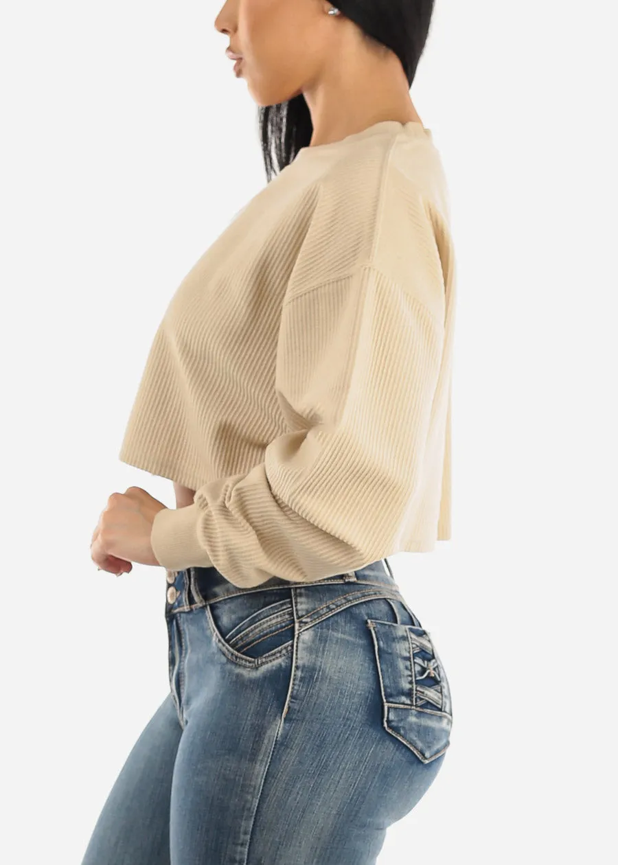 Ribbed Long Sleeve Cropped Pullover Beige sold by Moda product image thumbnail 3