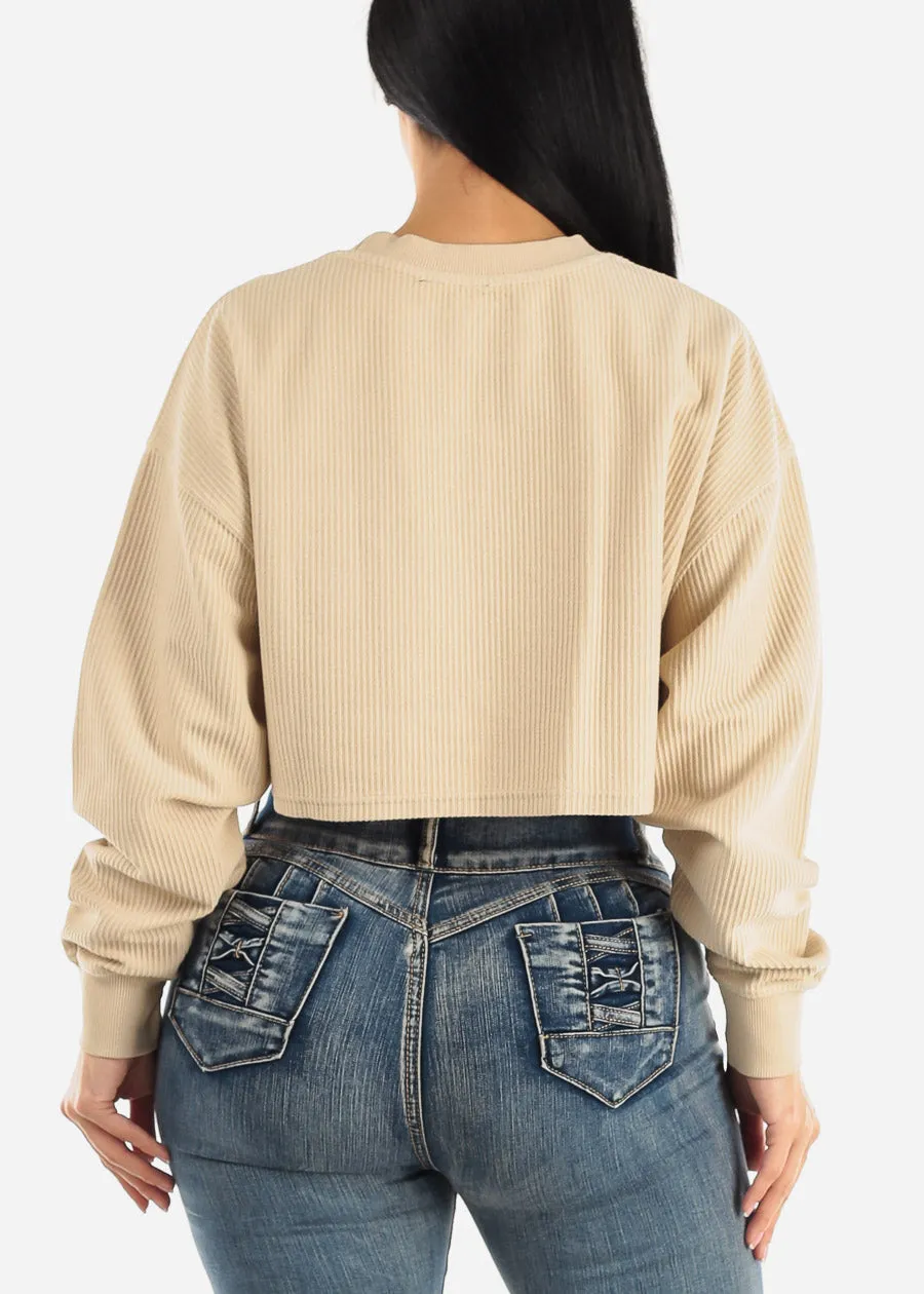Ribbed Long Sleeve Cropped Pullover Beige sold by Moda product image thumbnail 4