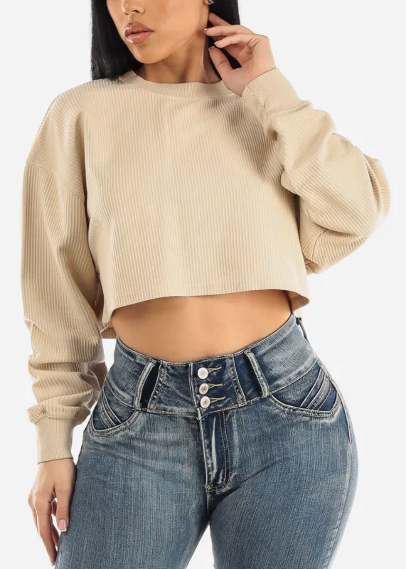 Ribbed Long Sleeve Cropped Pullover Beige sold by Moda