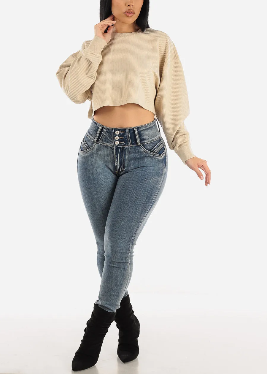 Ribbed Long Sleeve Cropped Pullover Beige sold by Moda product image thumbnail 2