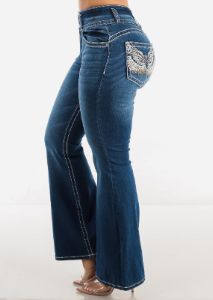 Super High Waisted Flared Bootcut Jeans w Back Pocket Design sold by Moda