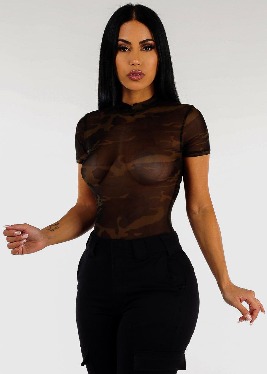 Short Sleeve Camouflage Mesh Bodysuit sold by Moda