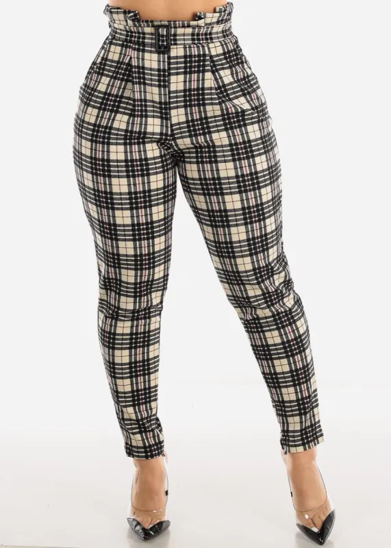 Paperbag Waist Plaid Dressy Skinny Pants Beige sold by Moda