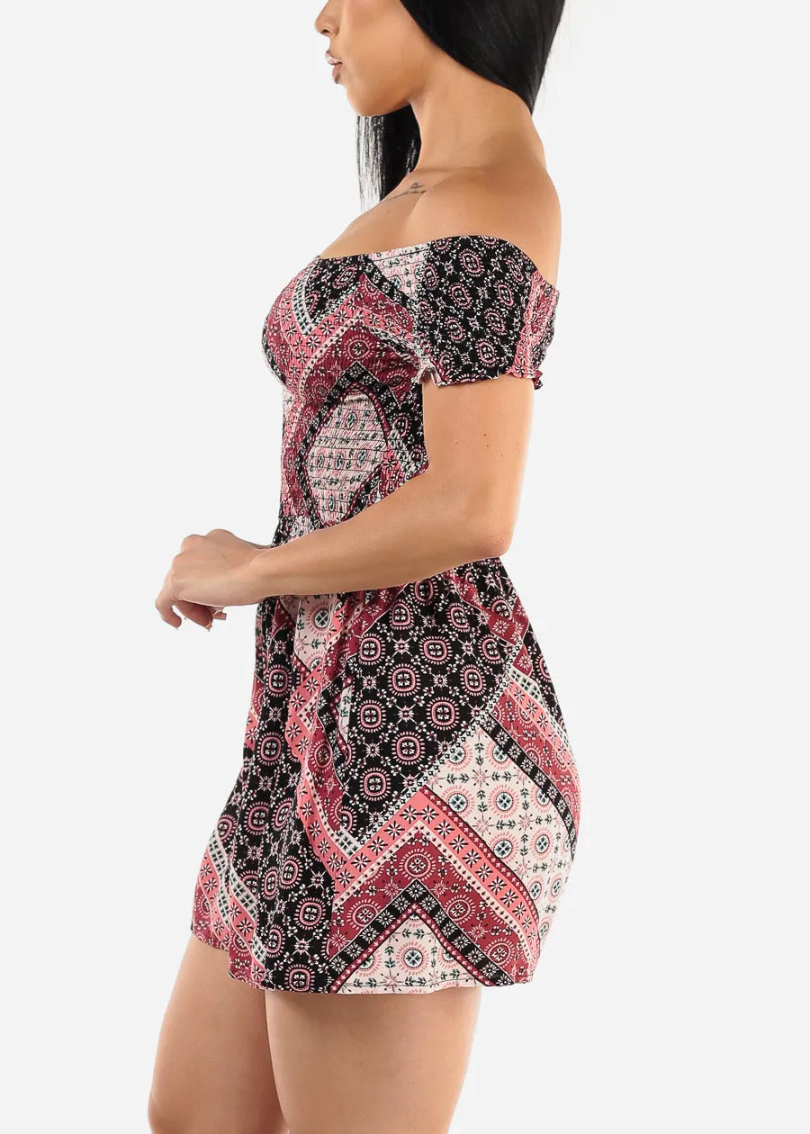 Short Sleeve Off Shoulder Printed Romper Wine sold by Moda product image thumbnail 3