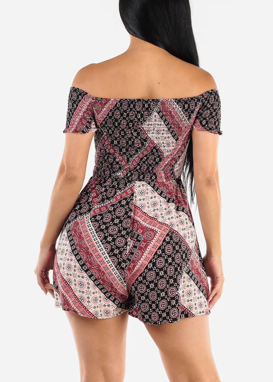 Short Sleeve Off Shoulder Printed Romper Wine sold by Moda product image thumbnail 4