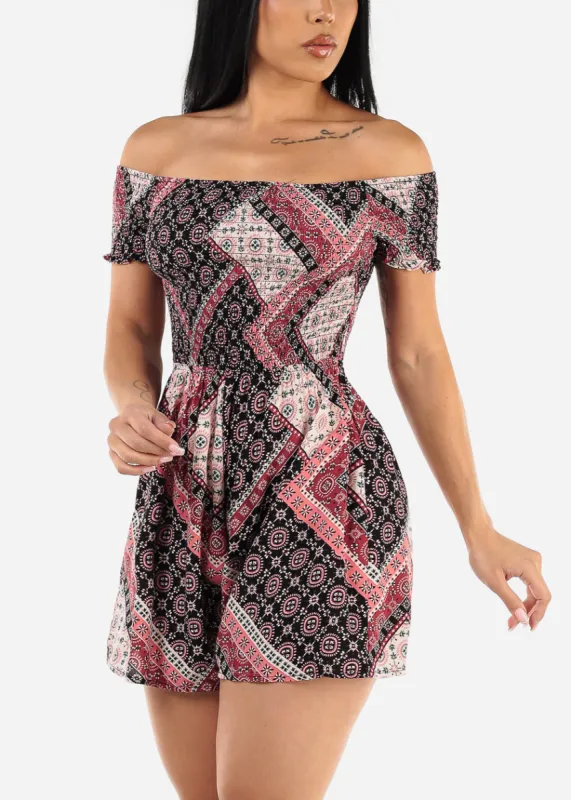 Short Sleeve Off Shoulder Printed Romper Wine sold by Moda
