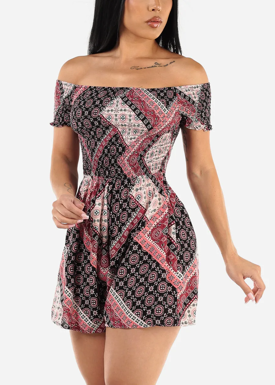 Short Sleeve Off Shoulder Printed Romper Wine sold by Moda