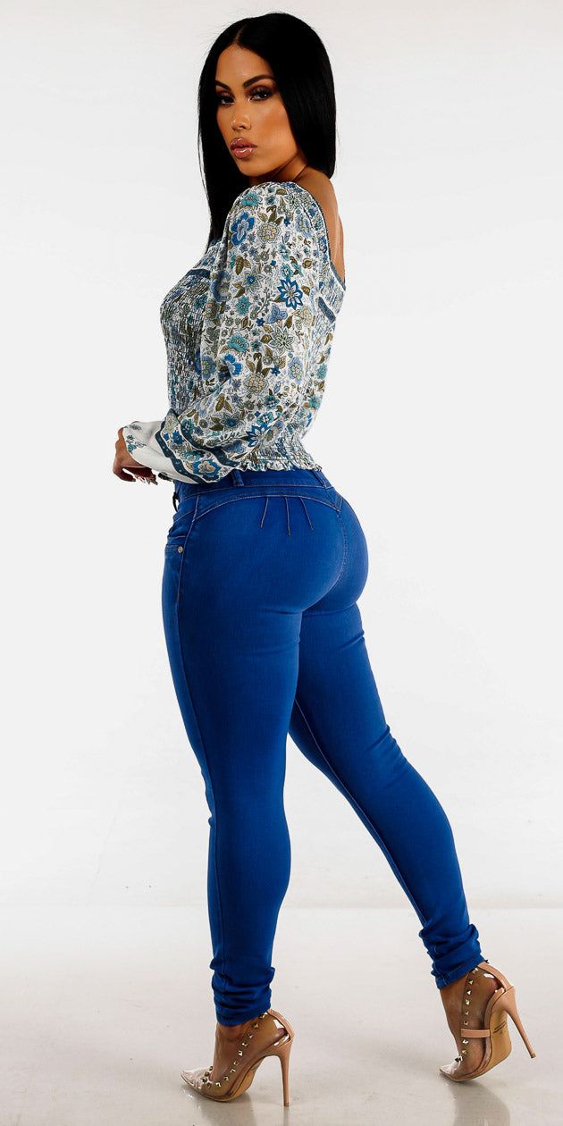 Super High Rise Blue Butt Lifting Skinny Jeans with Blue Floral Off Shoulder Smocked Top sold by Moda