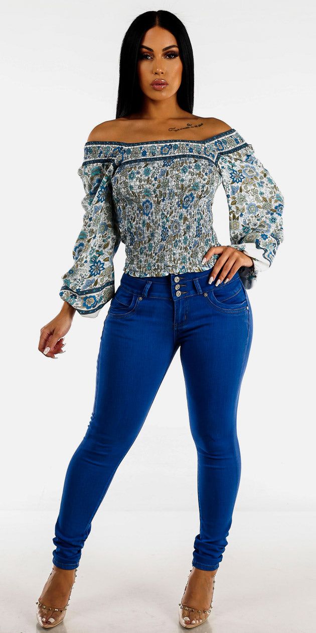 Super High Rise Blue Butt Lifting Skinny Jeans with Blue Floral Off Shoulder Smocked Top sold by Moda product image thumbnail 2
