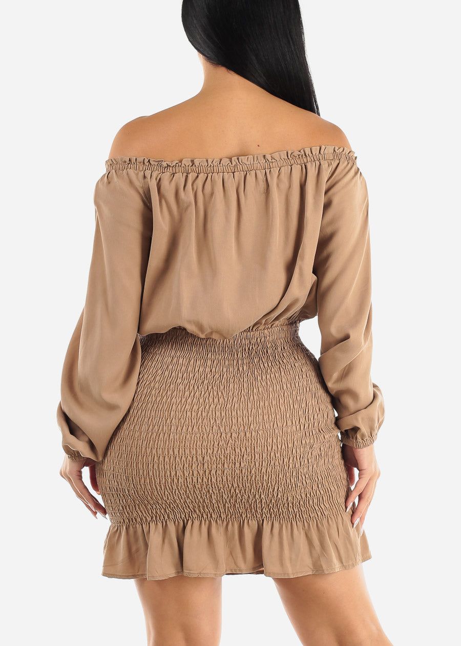 Smocked Off Shoulder Tencel Mini Dress Khaki sold by Moda product image thumbnail 4