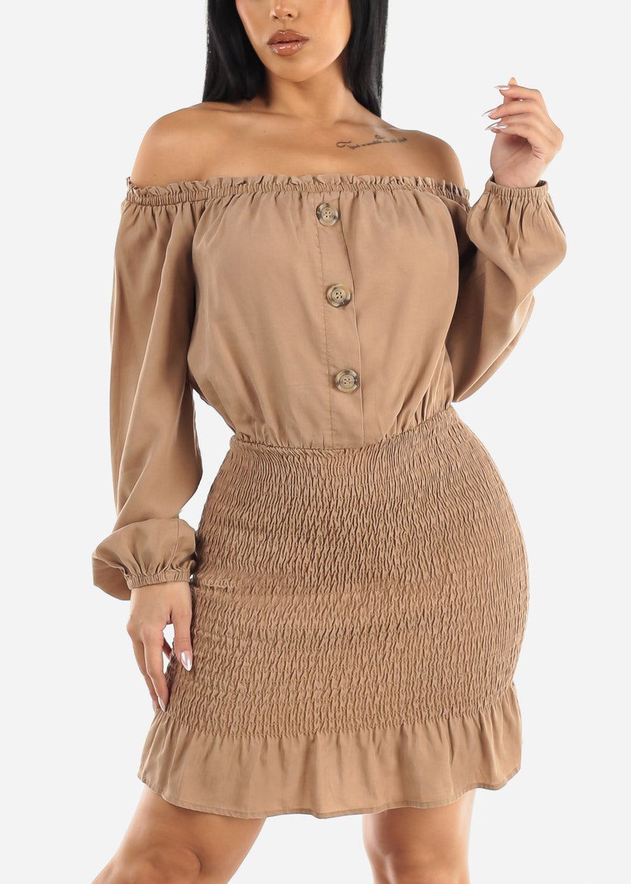 Smocked Off Shoulder Tencel Mini Dress Khaki sold by Moda