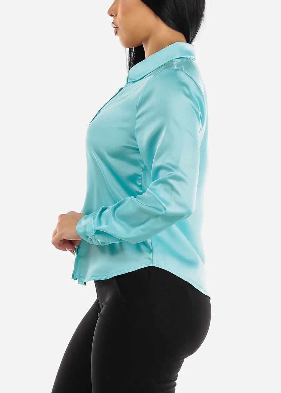 Long Sleeve Satin Button Up Collared Blouse Light Blue sold by Moda product image thumbnail 3