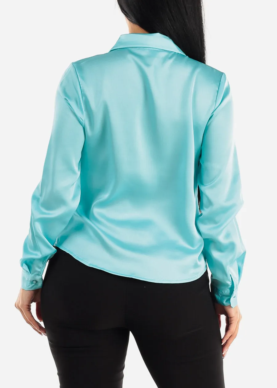 Long Sleeve Satin Button Up Collared Blouse Light Blue sold by Moda product image thumbnail 4
