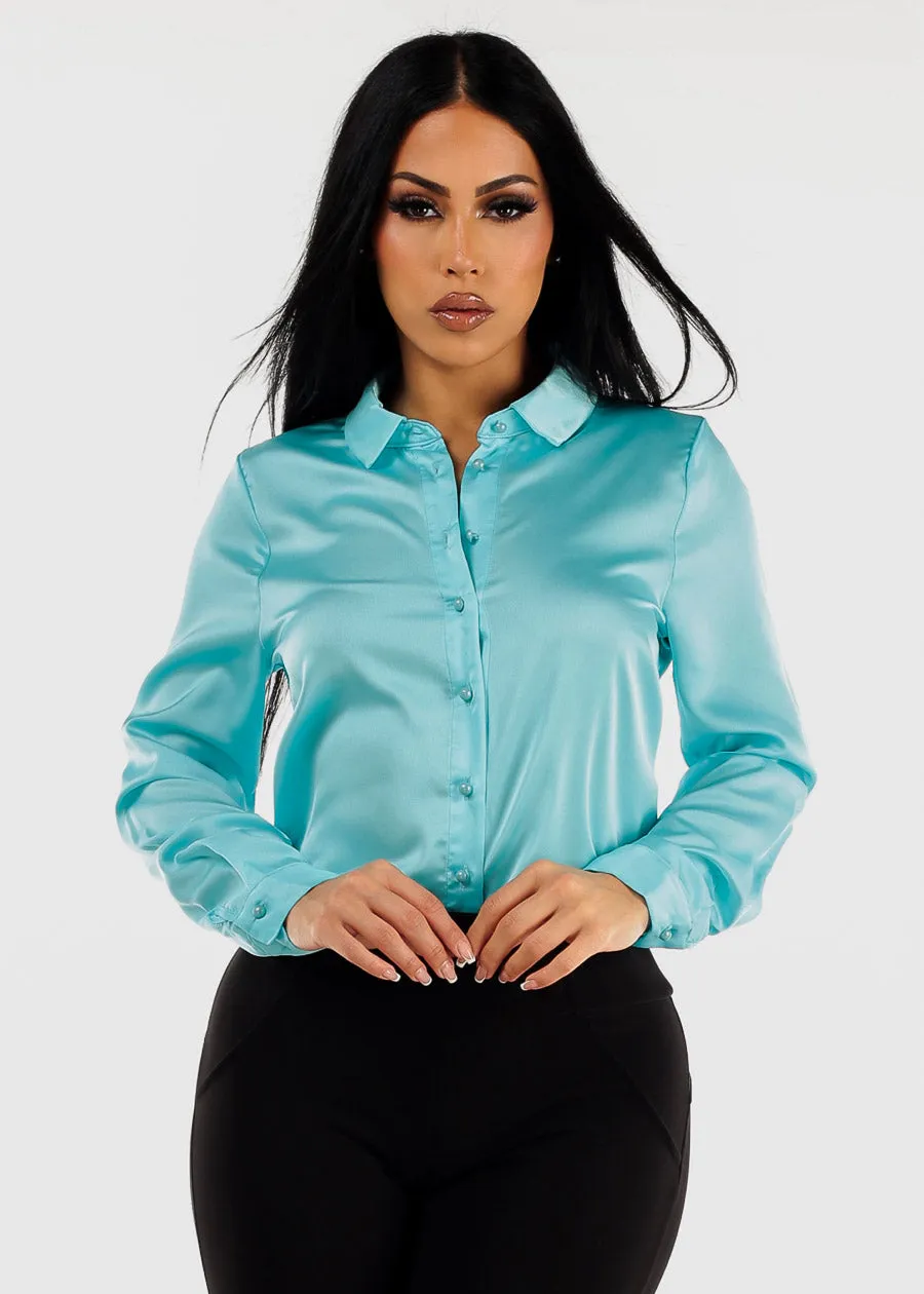 Long Sleeve Satin Button Up Collared Blouse Light Blue sold by Moda