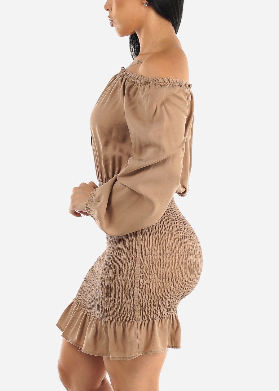 Smocked Off Shoulder Tencel Mini Dress Khaki sold by Moda product image thumbnail 3