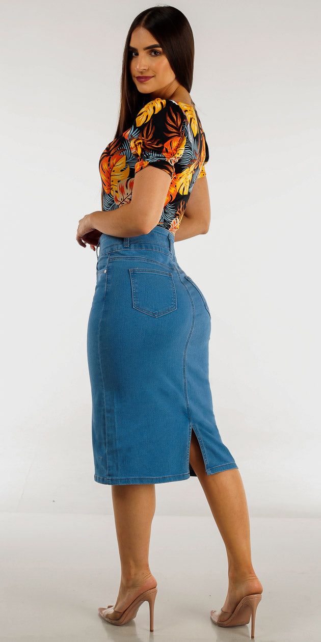 High Rise Light Blue Denim Pencil Skirt with Floral Short Sleeve Black Top sold by Moda product image thumbnail 2