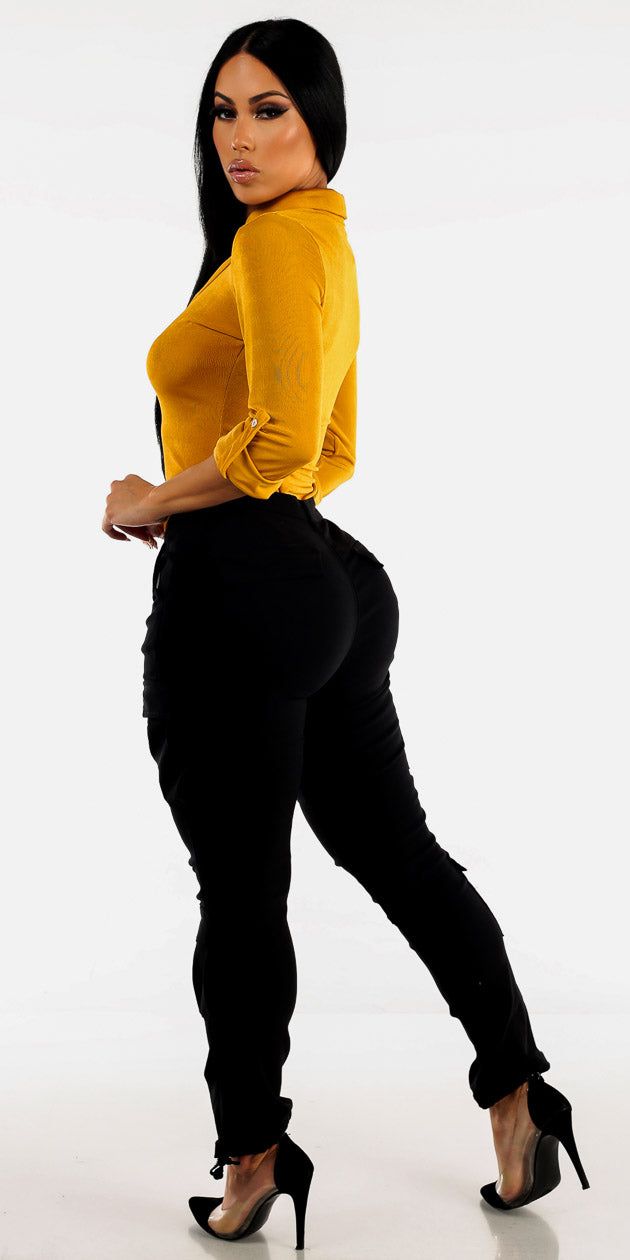 High Rise Hyper Stretch Black Cargo Pants with Mustard Fitted Blouse sold by Moda product image thumbnail 2