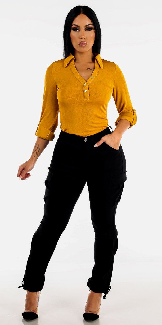 High Rise Hyper Stretch Black Cargo Pants with Mustard Fitted Blouse sold by Moda