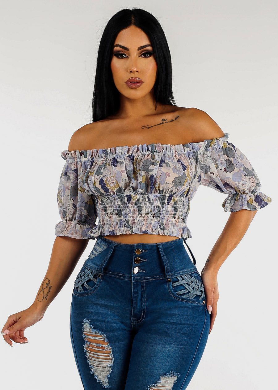 Off Shoulder Spandex Waist Floral Chiffon Top sold by Moda