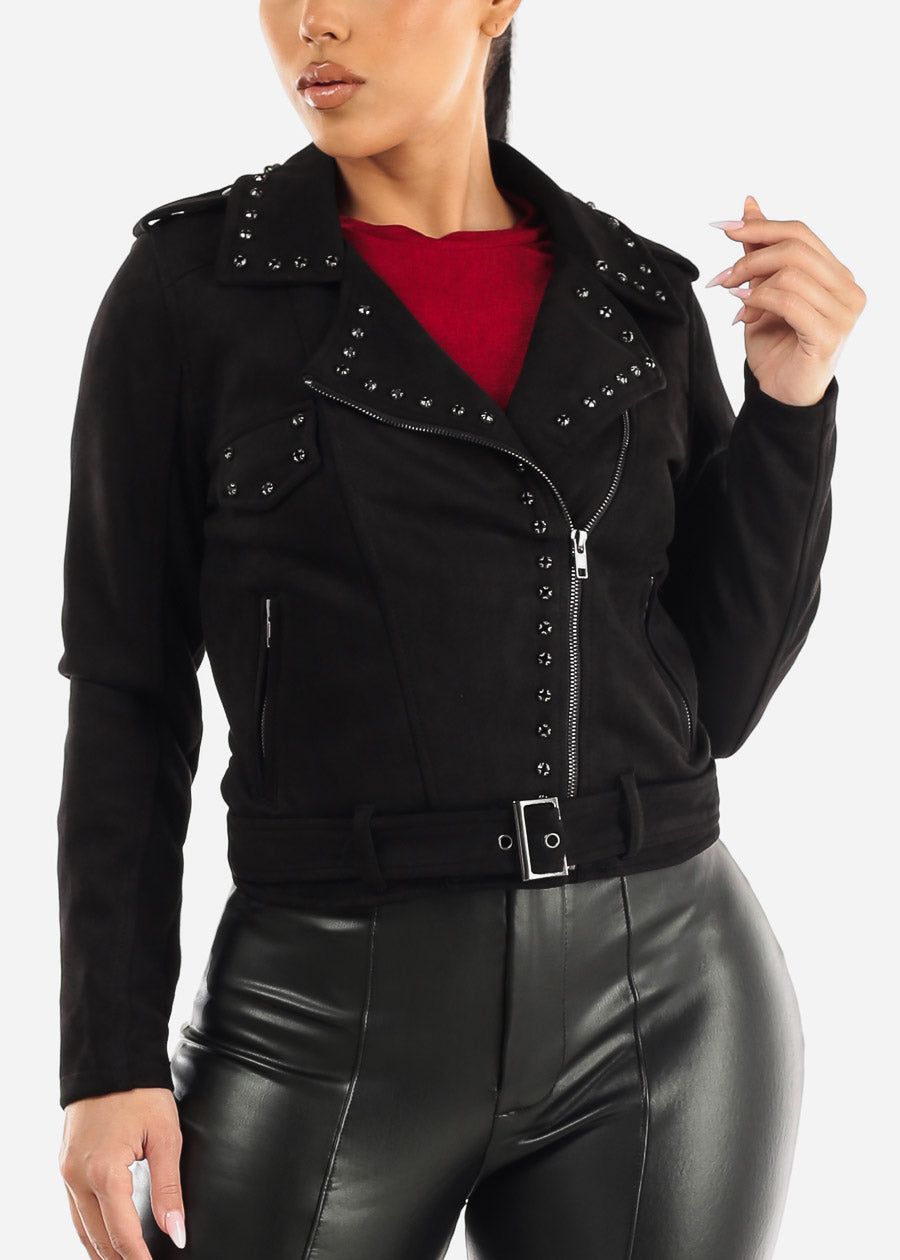 Black Long Sleeve Suede Belted Moto Jacket sold by Moda product image thumbnail 5
