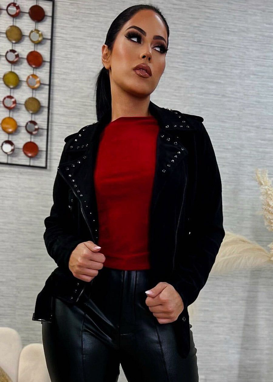 Black Long Sleeve Suede Belted Moto Jacket sold by Moda product image thumbnail 2