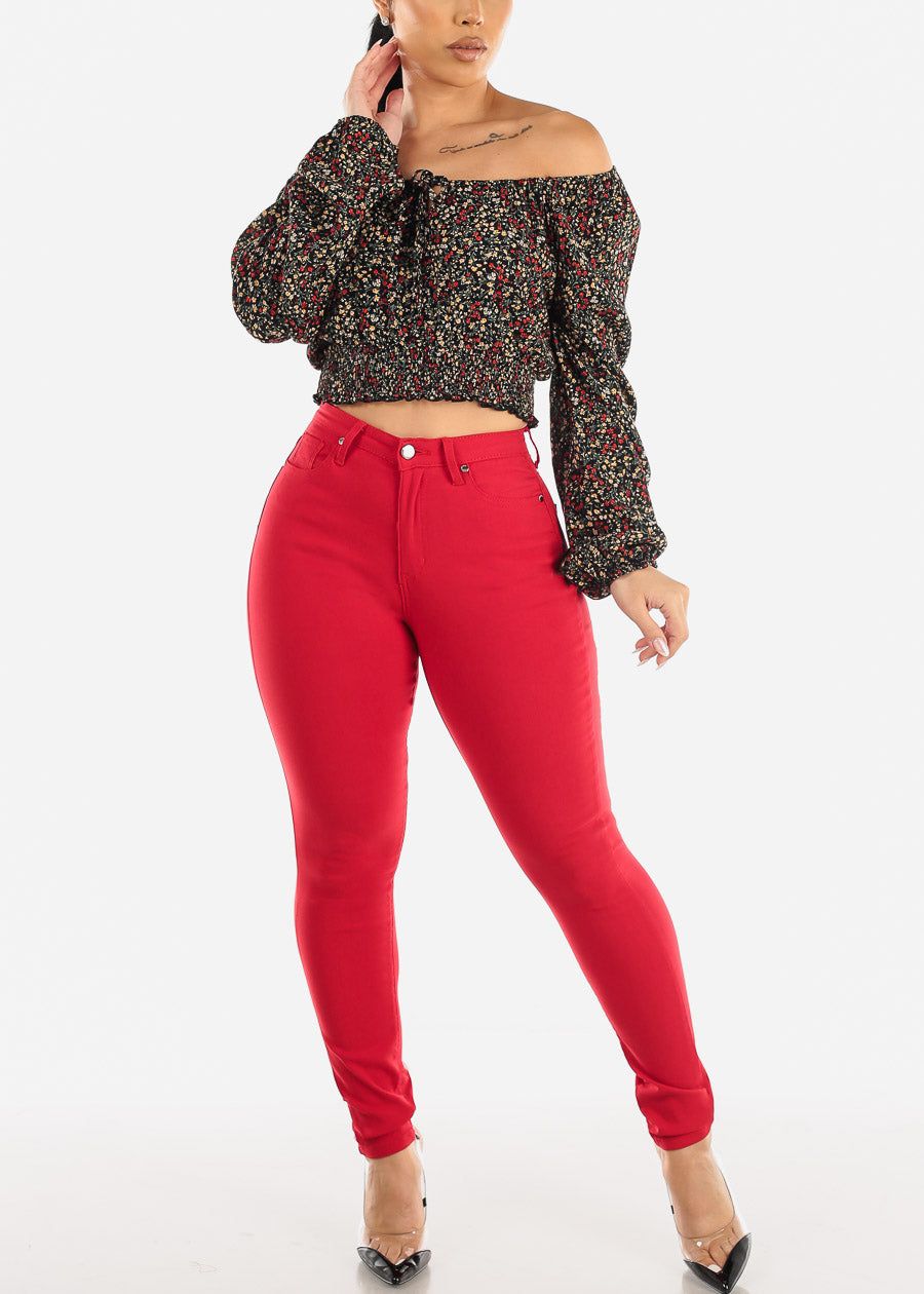 Classic 1 Button High Waisted Hyper Stretch Skinny Pants Red sold by Moda product image thumbnail 2