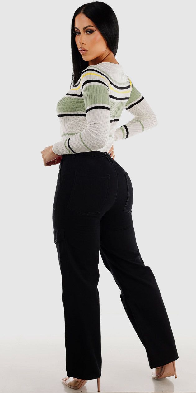 Black Wide Legged Cotton Cargo Pants with Long Sleeve Stripe Sage Sweater sold by Moda product image thumbnail 2