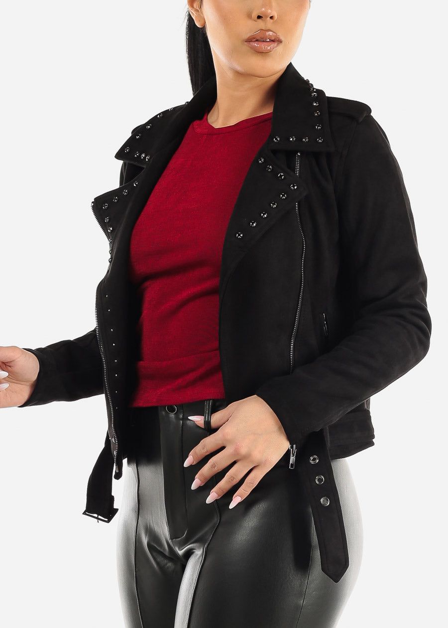 Black Long Sleeve Suede Belted Moto Jacket sold by Moda product image thumbnail 4