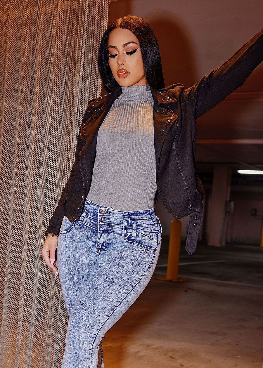 Black Long Sleeve Suede Belted Moto Jacket sold by Moda