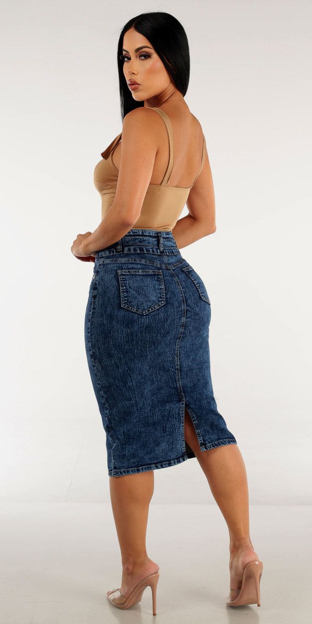 High Rise Blue Denim Pencil Skirt with Sleeveless Khaki Thong Bodysuit sold by Moda product image thumbnail 2