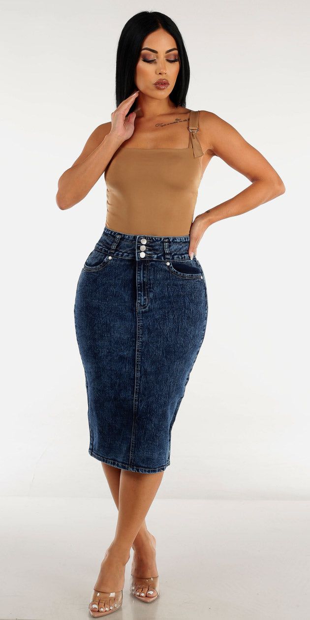 High Rise Blue Denim Pencil Skirt with Sleeveless Khaki Thong Bodysuit sold by Moda