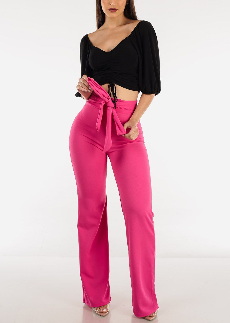 High Rise Waist Tied Wide Leg Formal Pants Fuchsia sold by Moda product image thumbnail 2