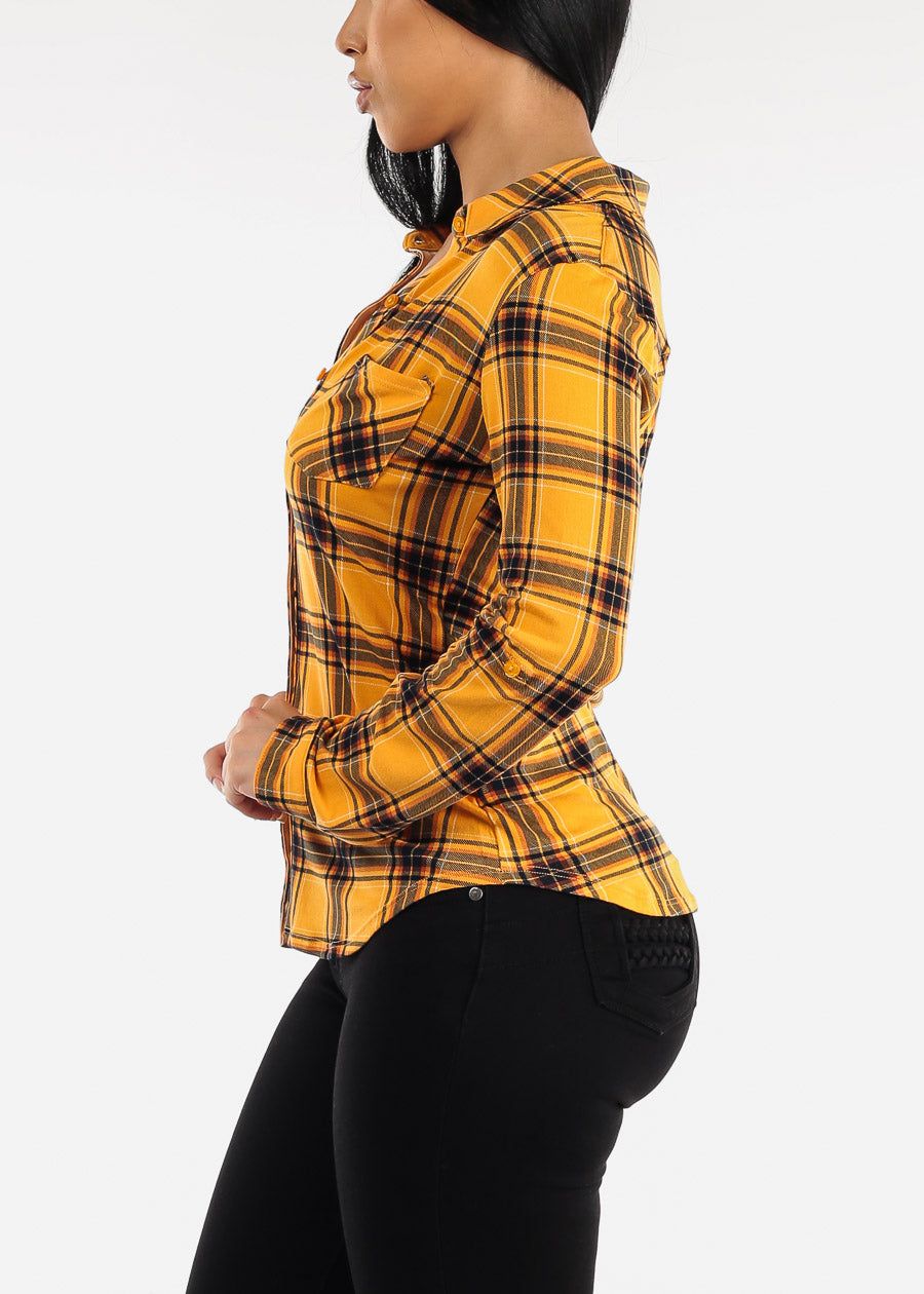 Long Sleeve Plaid Button Up Shirt Mustard sold by Moda product image thumbnail 3