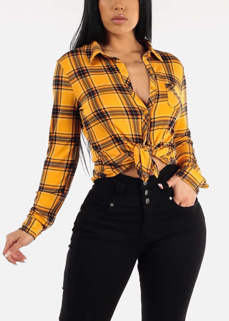Long Sleeve Plaid Button Up Shirt Mustard sold by Moda