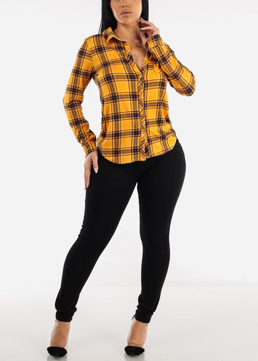 Long Sleeve Plaid Button Up Shirt Mustard sold by Moda product image thumbnail 2