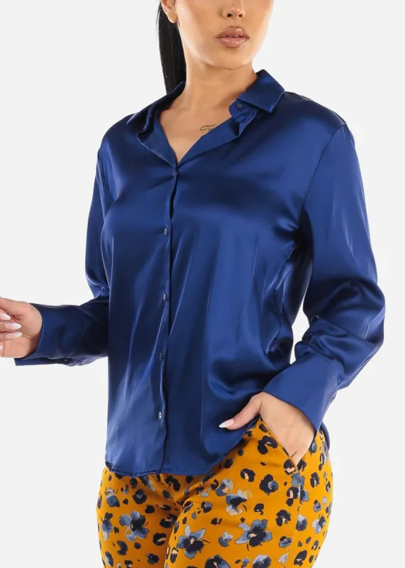 Satin Long Sleeve Button Down Collared Blouse Royal Blue sold by Moda