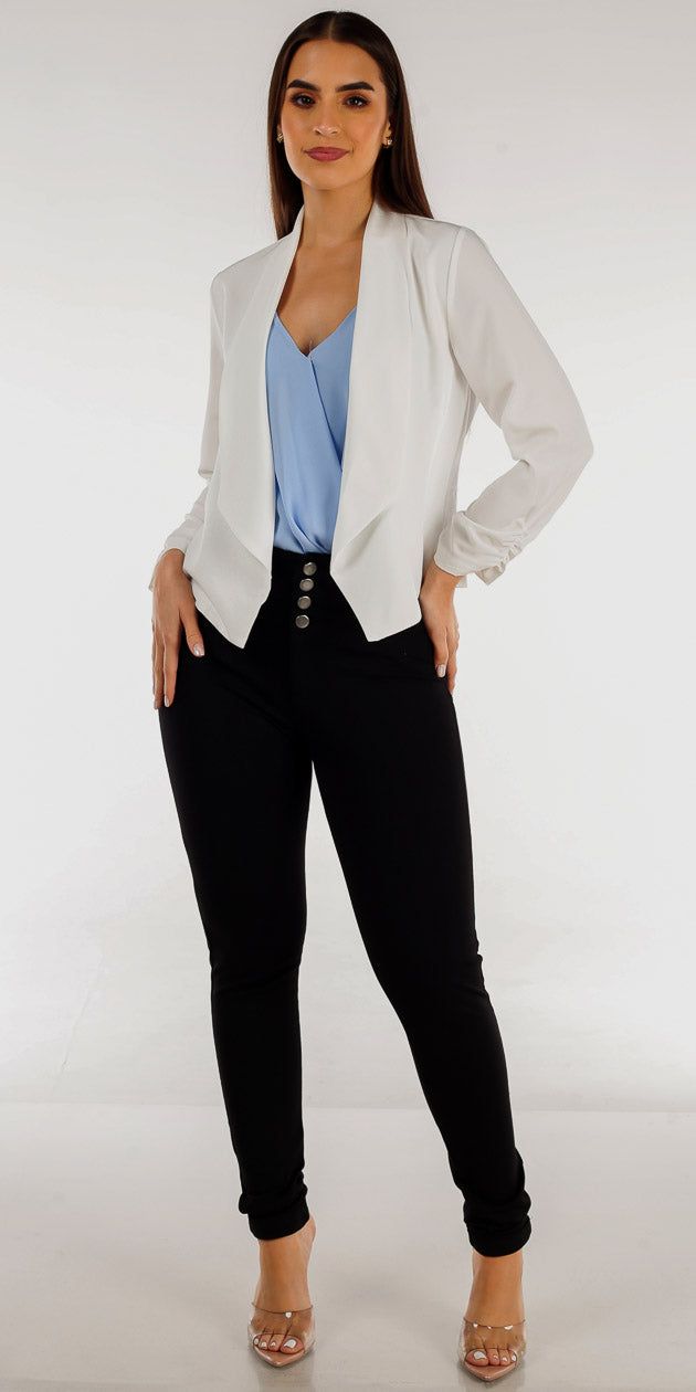 Super High Waisted Black Skinny Pants Light Blue Surplice Cami Top and White Quarter Sleeve Blazer sold by Moda