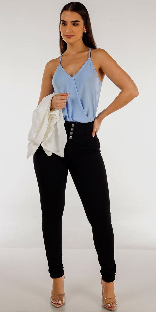 Super High Waisted Black Skinny Pants Light Blue Surplice Cami Top and White Quarter Sleeve Blazer sold by Moda product image thumbnail 2