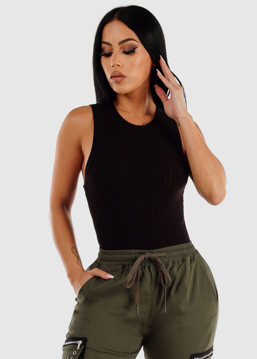 Black Sleeveless Crewneck Ribbed Bodysuit sold by Moda