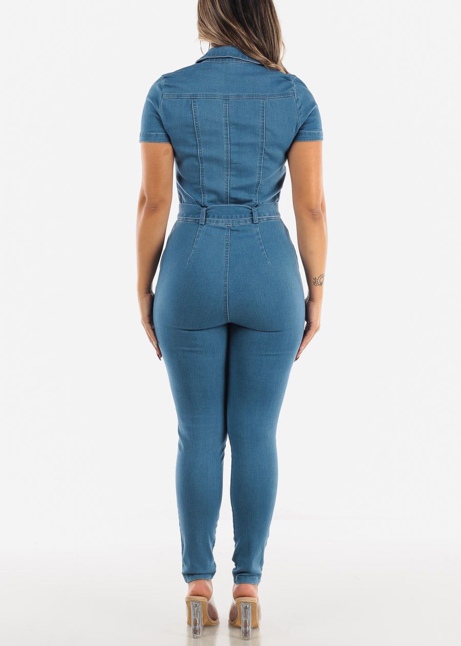 Short Sleeve Denim Jumpsuit Half Zip Up Med Wash sold by Moda product image thumbnail 3