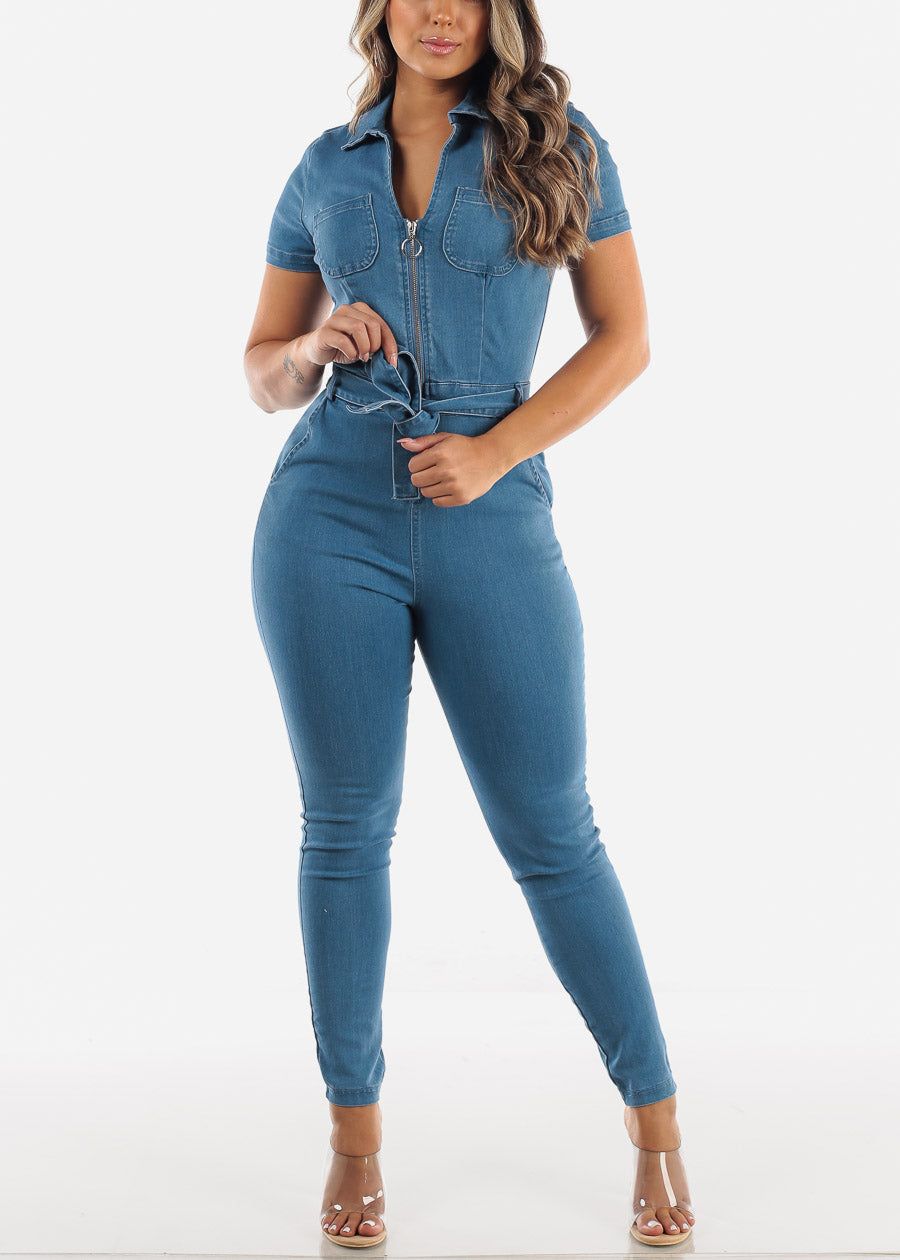 Short Sleeve Denim Jumpsuit Half Zip Up Med Wash sold by Moda
