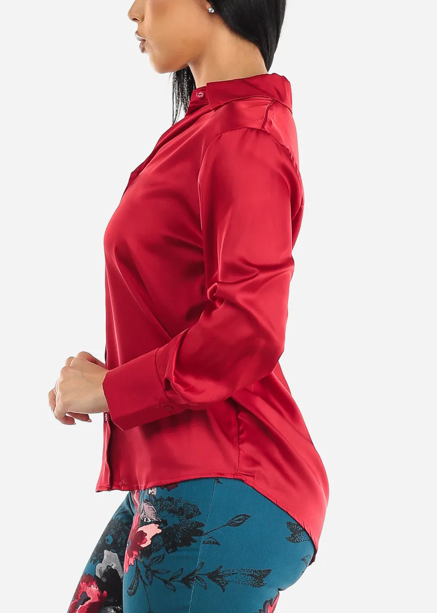 Satin Long Sleeve Button Down Collared Blouse Red sold by Moda product image thumbnail 3