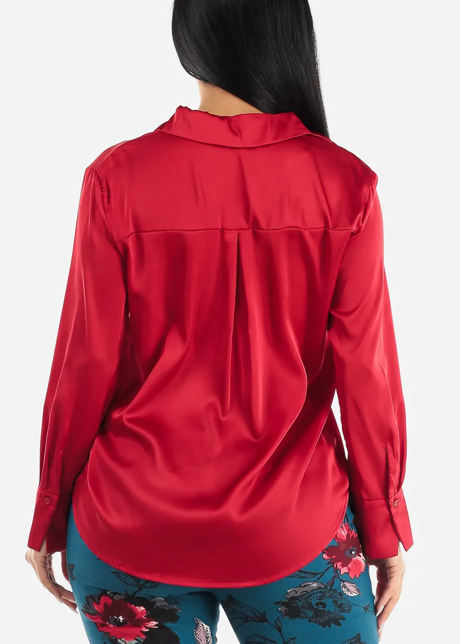Satin Long Sleeve Button Down Collared Blouse Red sold by Moda product image thumbnail 4