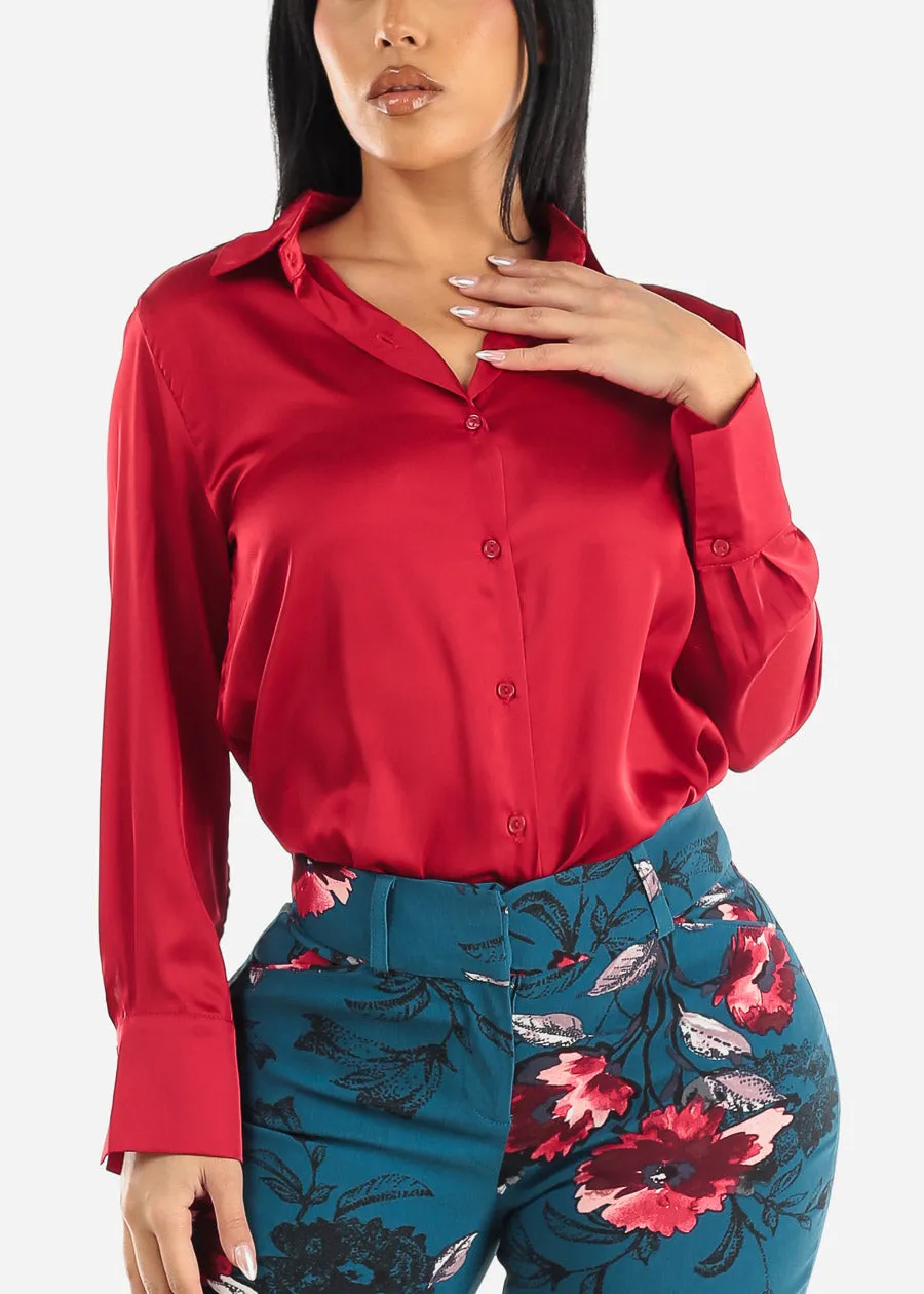 Satin Long Sleeve Button Down Collared Blouse Red sold by Moda