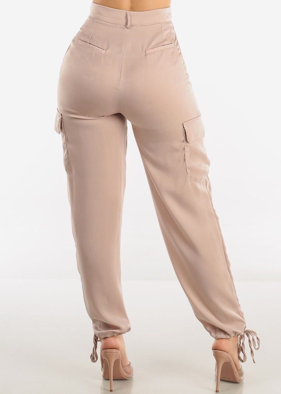 High Waist Drawstring Hem Cargo Pants Beige sold by Moda product image thumbnail 4