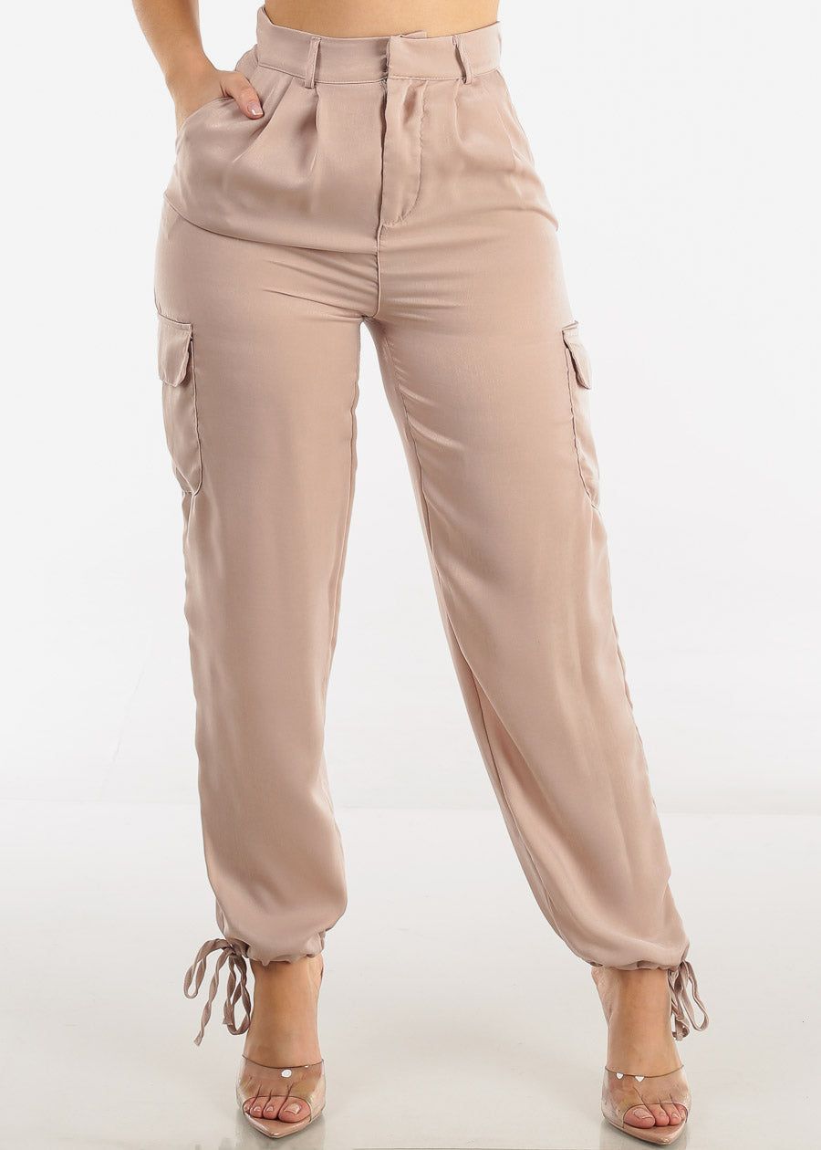 High Waist Drawstring Hem Cargo Pants Beige sold by Moda