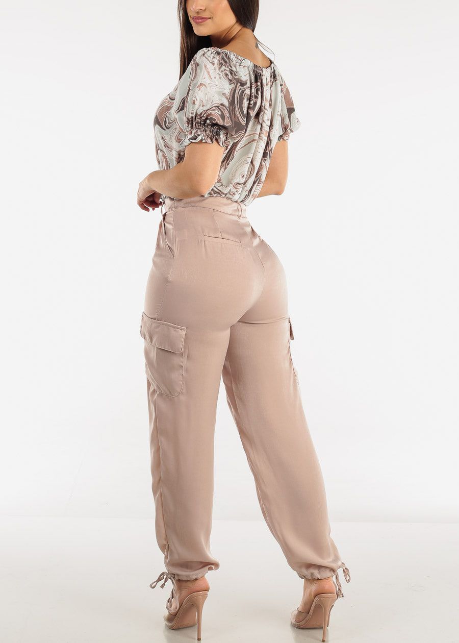 High Waist Drawstring Hem Cargo Pants Beige sold by Moda product image thumbnail 5