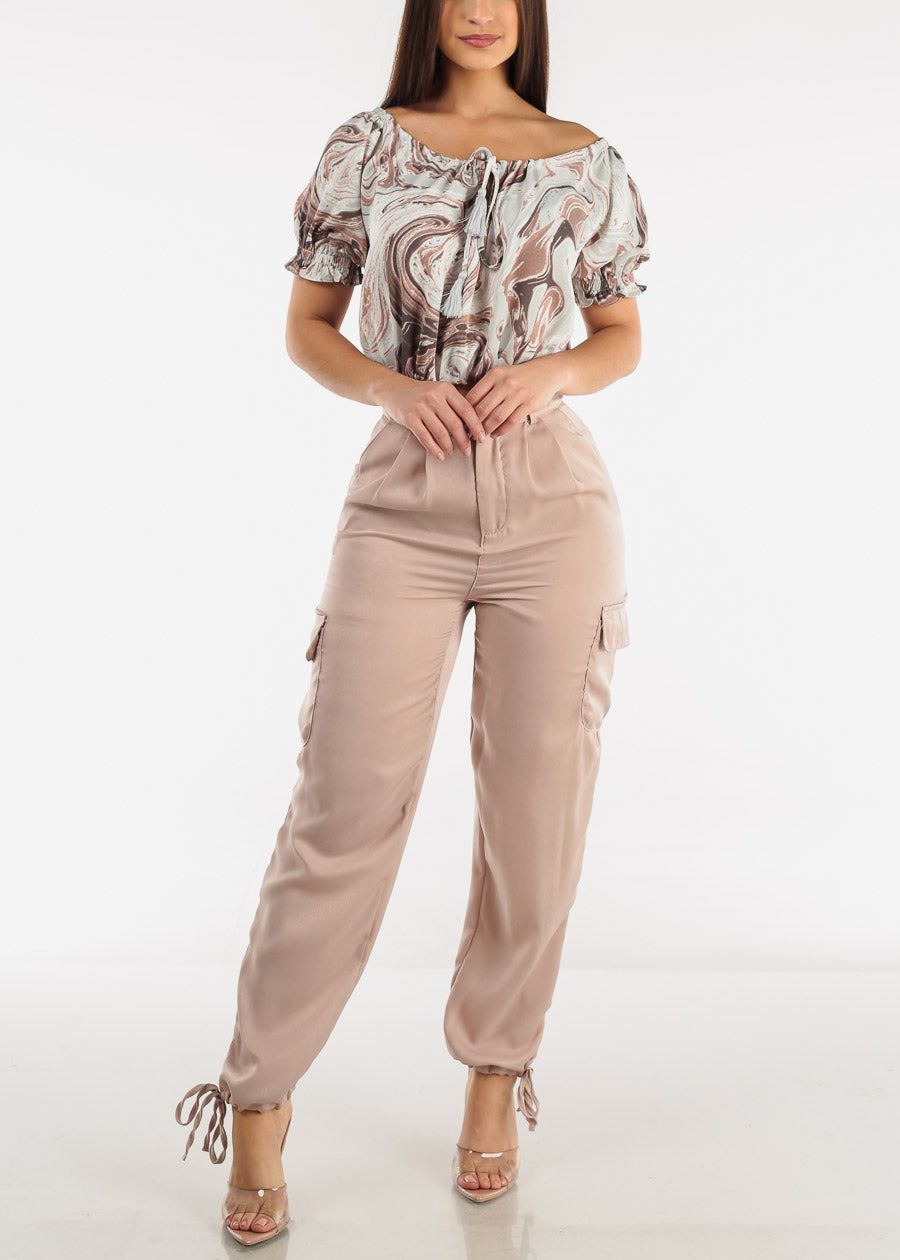 High Waist Drawstring Hem Cargo Pants Beige sold by Moda product image thumbnail 2